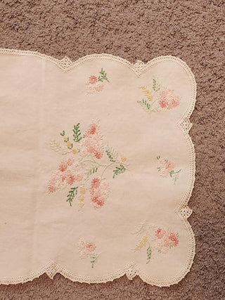 Vintage White Table Runner with Pink Floral Embroidery