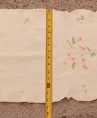 Vintage White Table Runner with Pink Floral Embroidery