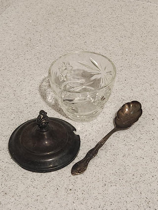 3Pc Vintage Glass & Silver Sugar Bowl