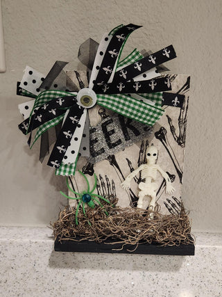 Handmade Spooky Halloween Tabletop Decor with Skeleton and Spider