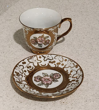 China 2PC Teacup & Saucer - Gold Leaves & Pink Floral
