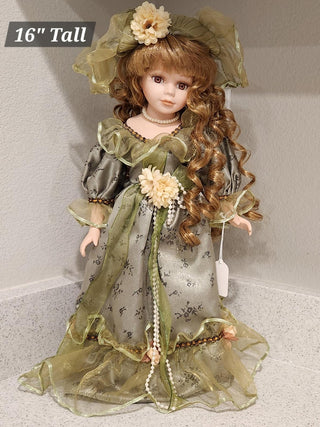 Vintage Green Victorian Porcelain Doll