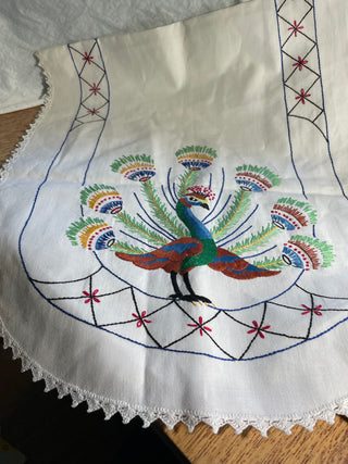 VNTG Hand Embroidered Peacock Design Runner
