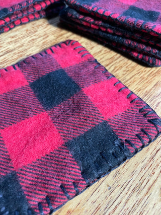 Handmade Red Flannel Embroidered Coasters (4)