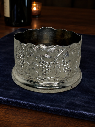 Silver Plated Wine Bottle Coaster Grapevine Motif Turned Wood Base